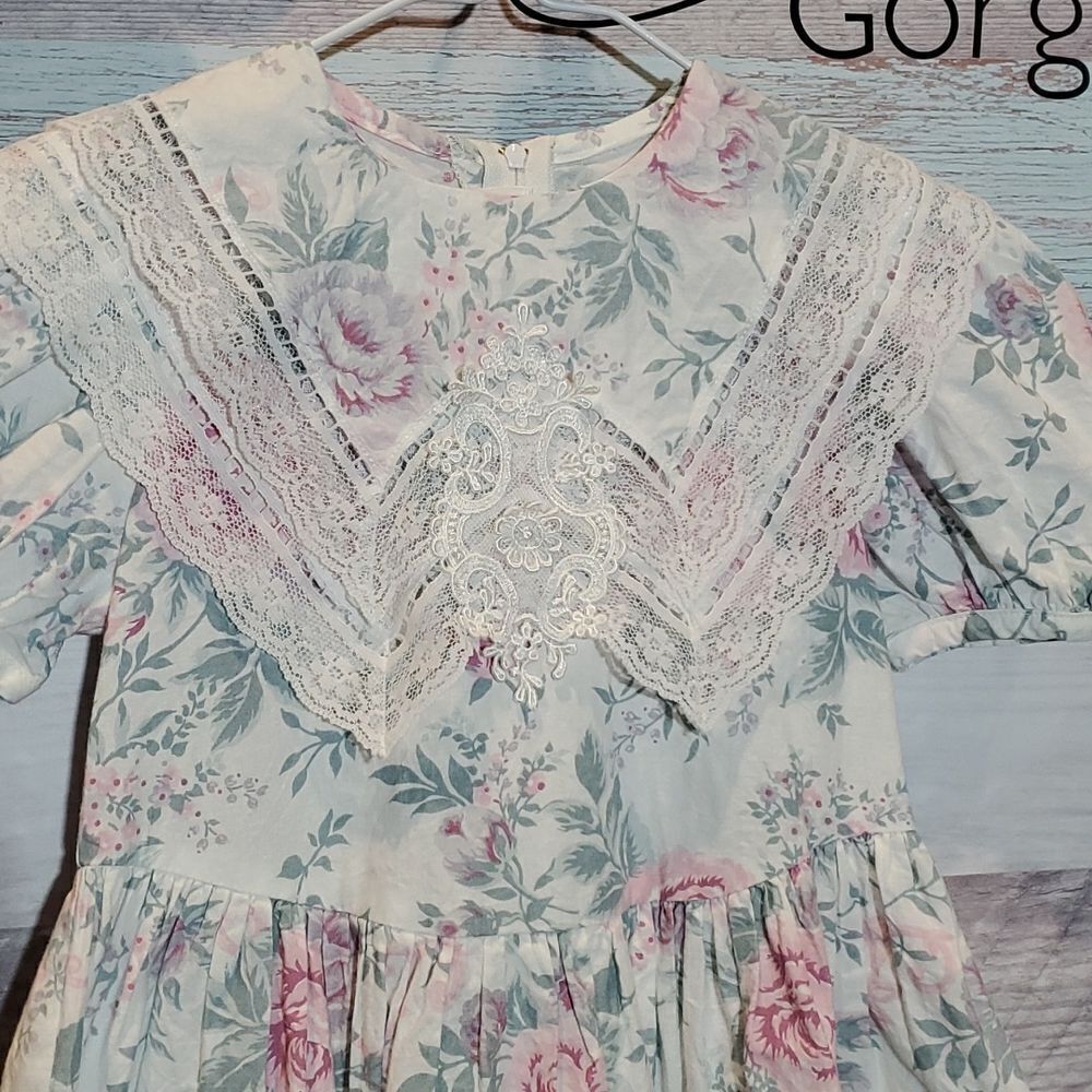 Gunne Sax Jessica McClintock Vintage Pastel Girls Floral Lace Front Dress, Sz 7?